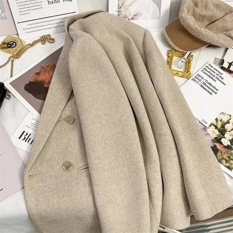 Fashion Woolen Suit Jacket Women's Vintage Blazers Double-breasted Office Coat Female Casual Outerwear Spring Autumn Streetwear