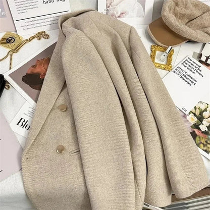Fashion Woolen Suit Jacket Women's Vintage Blazers Double-breasted Office Coat Female Casual Outerwear Spring Autumn Streetwear