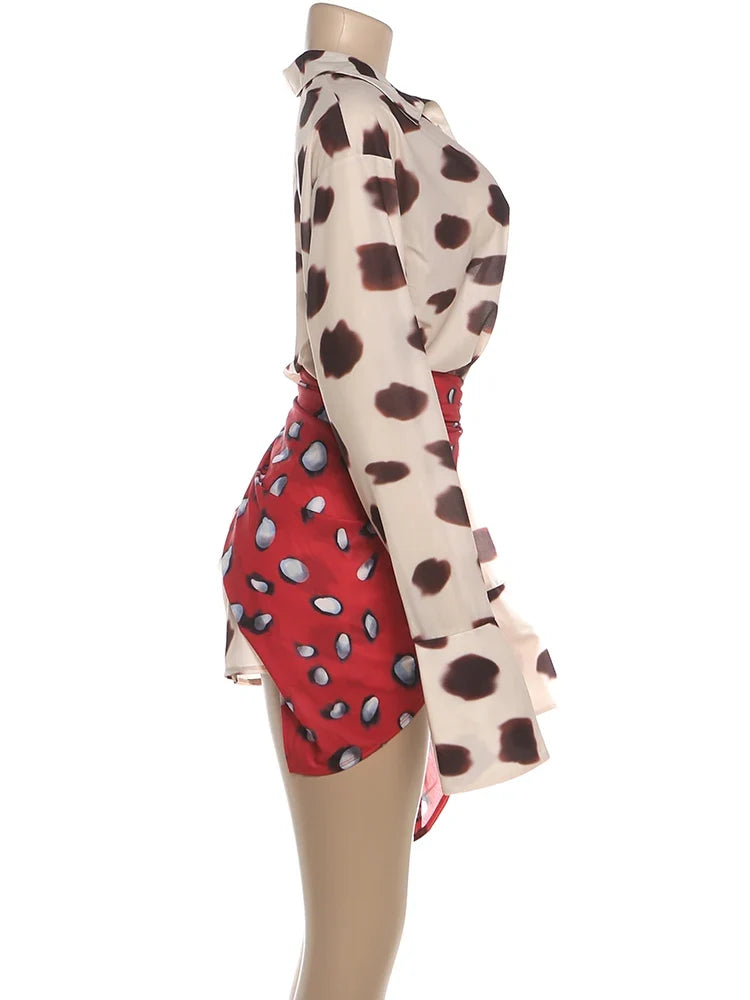 Music Festival Silk Scarf Strap Patchwork Dress Women Sexy Single-Breasted Full Sleeve Polka Dot Print Hottie Bodycon