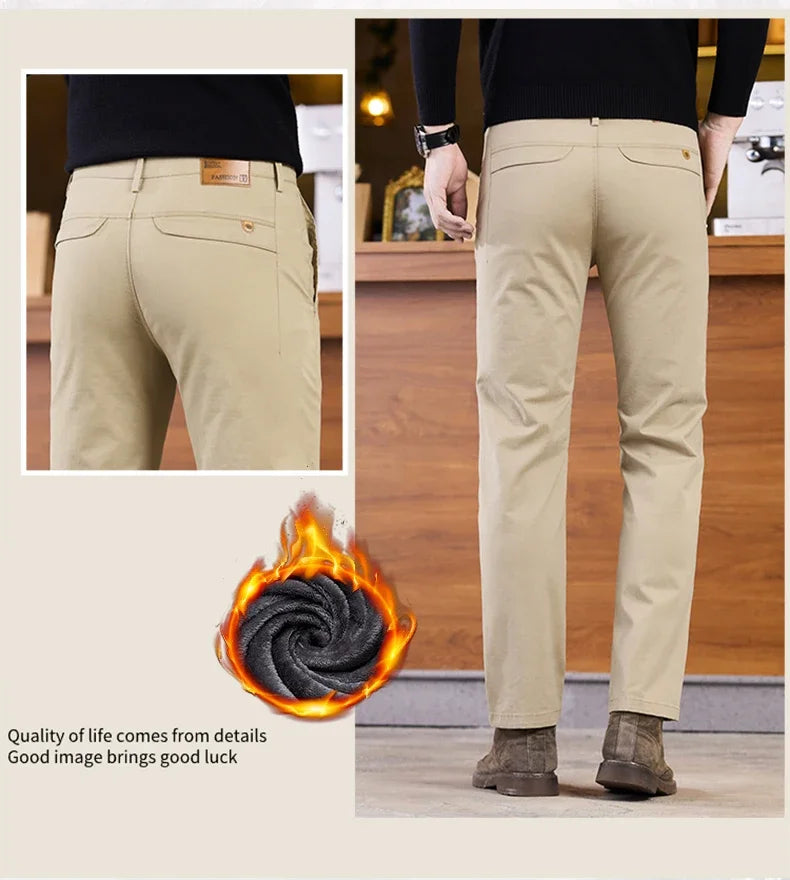 2025 Winter Fleece Pants Men's Pocket Fashion Thickened Cotton Stretch Comfort Plush Straight Business Pants Male
