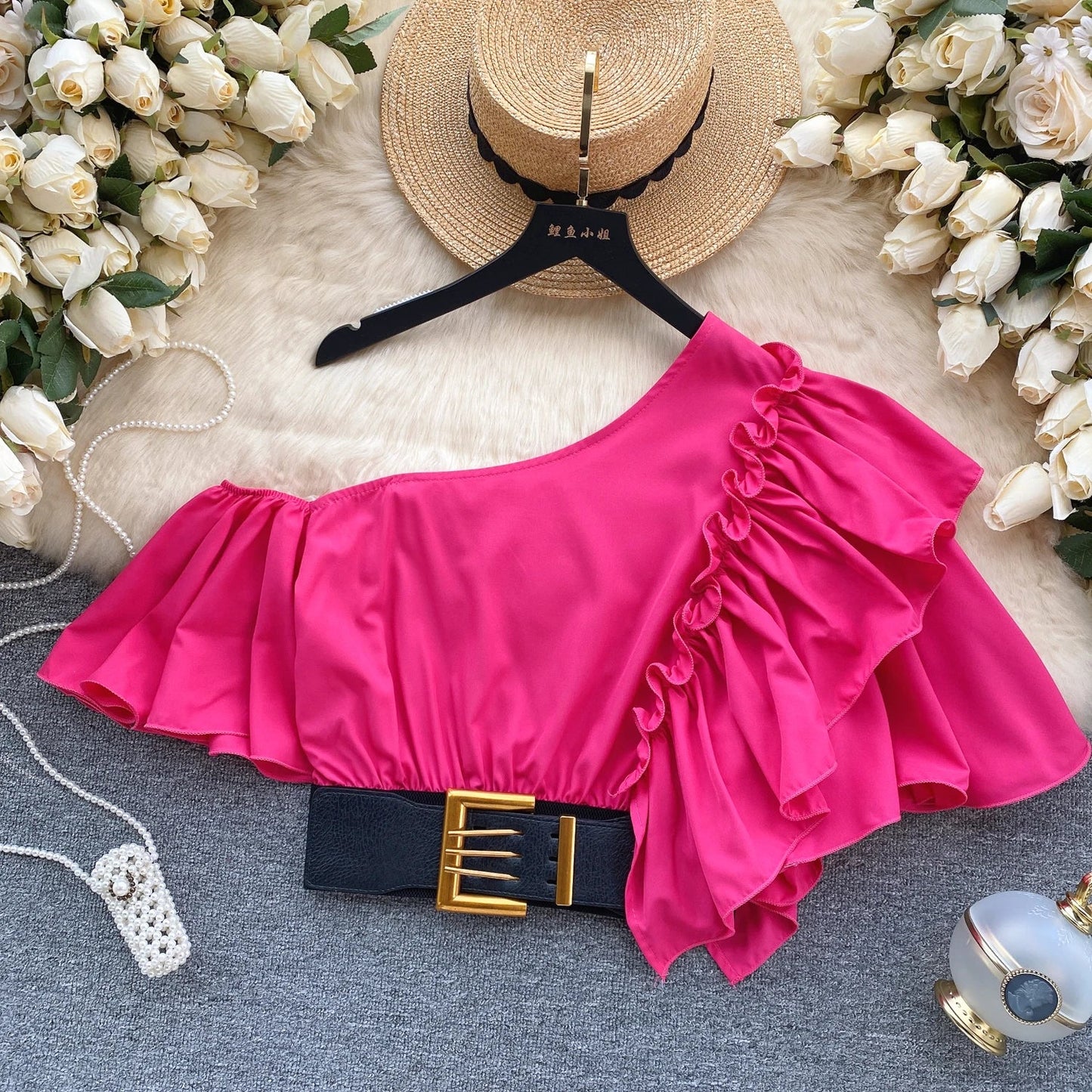 American Chic Blouse for Women Flounced Edge Skew Collar Bare Midriff Belt Skinny Shirts Summer Casual Female Tops Dropshipping