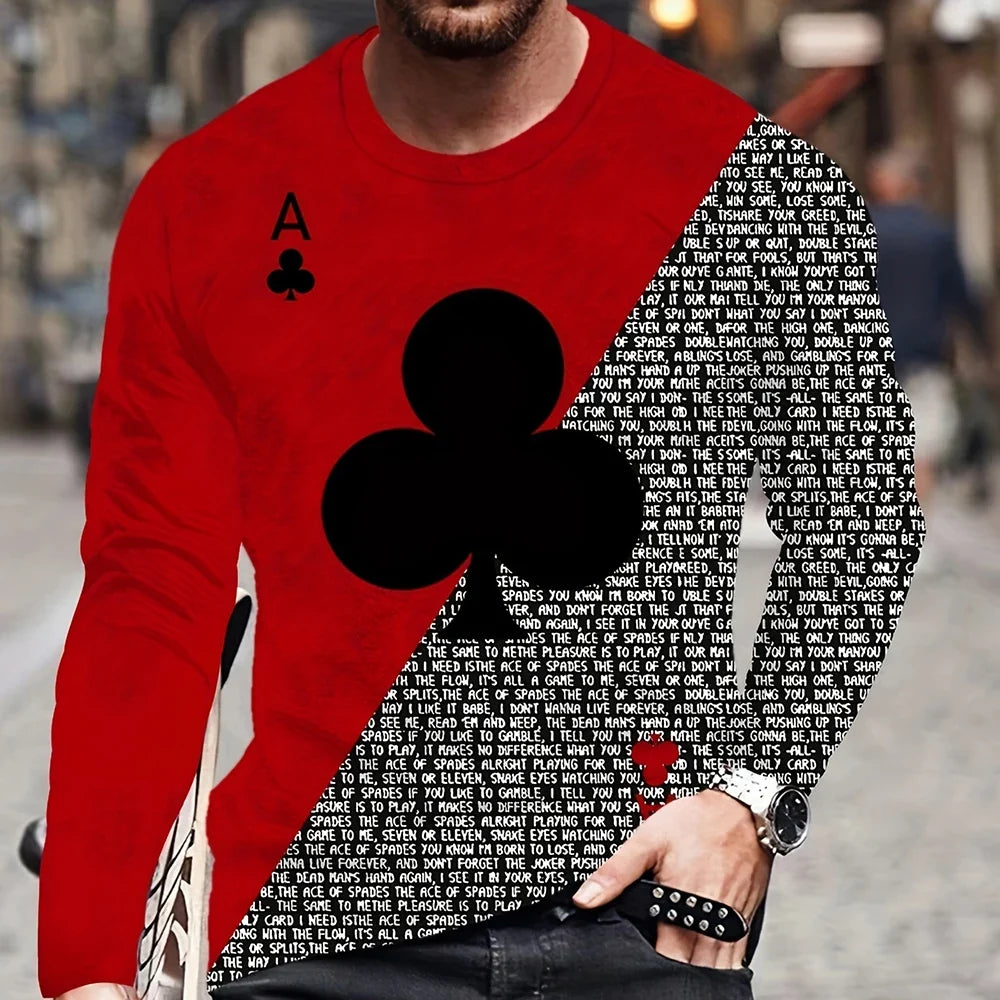 Summer Men's T-Shirt Big Size Loose Retro Short Sleeve Fashion American Poker Letter Print O Neck Long Sleeve Autumn Shirt