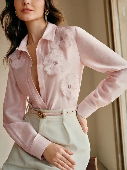 2025 New Long Sleeves Shirts for Women Summer Autumn 3D Flower Chic Blouse Tops for Women Office Business Casual Work