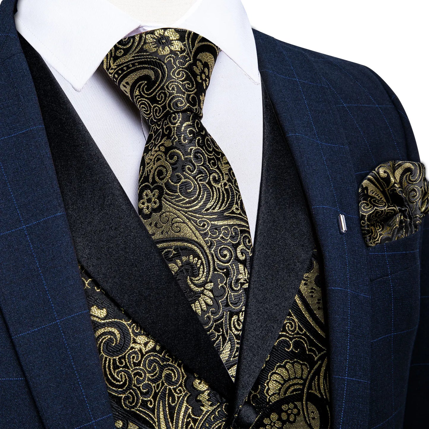 Men's Paisley  Suit Vest with Macthing Golden Paisley Neck Tie Handkerchief Cufflinks Wedding Prom Tuxedo Waistcoat