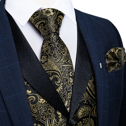 Men's Paisley  Suit Vest with Macthing Golden Paisley Neck Tie Handkerchief Cufflinks Wedding Prom Tuxedo Waistcoat