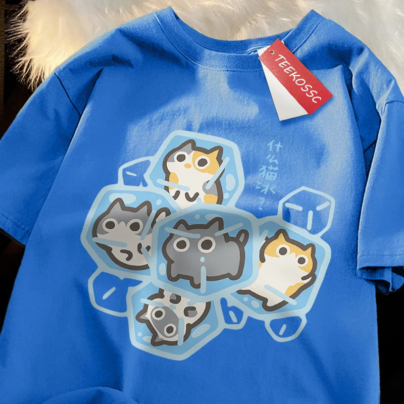 Ice Cat Fun Cartoons Cats Print Clothes Men Women Oversize Breathable T Shirt Summer Comfortable Casual T-Shirt Cotton Tee Shirt