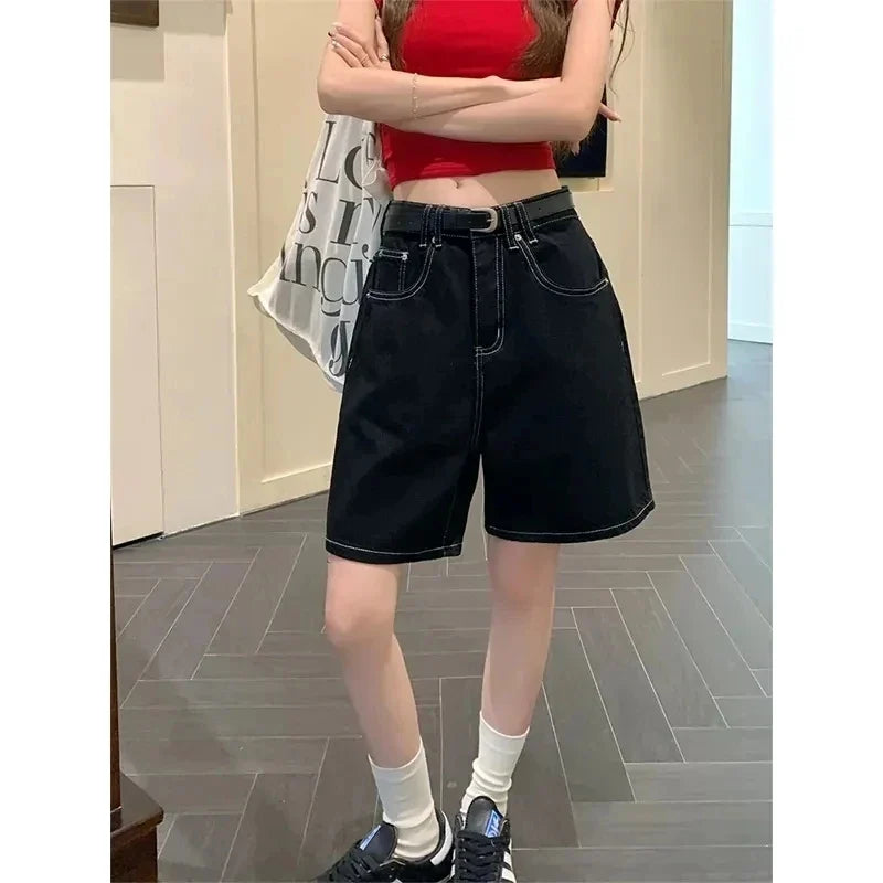 High-Waisted Straight-Leg Jeans Shorts for Women Summer New Style Slimming Black Five-Point Loose Wide-Leg Mid-Length Y2K Shorts