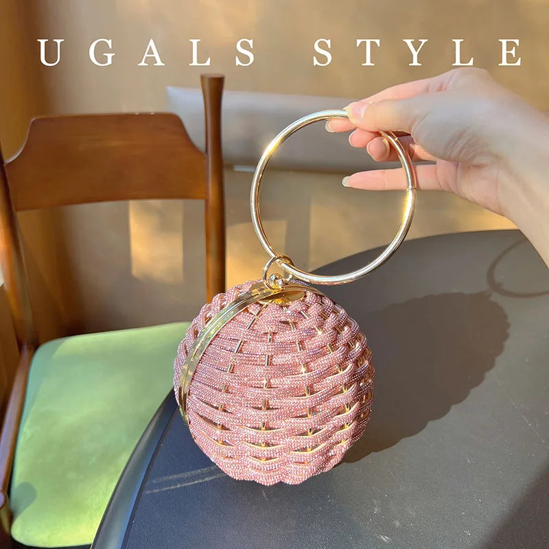 Ball Shape Evening Bag Women Woven Handbag Glitter Rhinestone Woven Knitted Purse Elegant Wedding Prom Party Clutch Shoulder Bag
