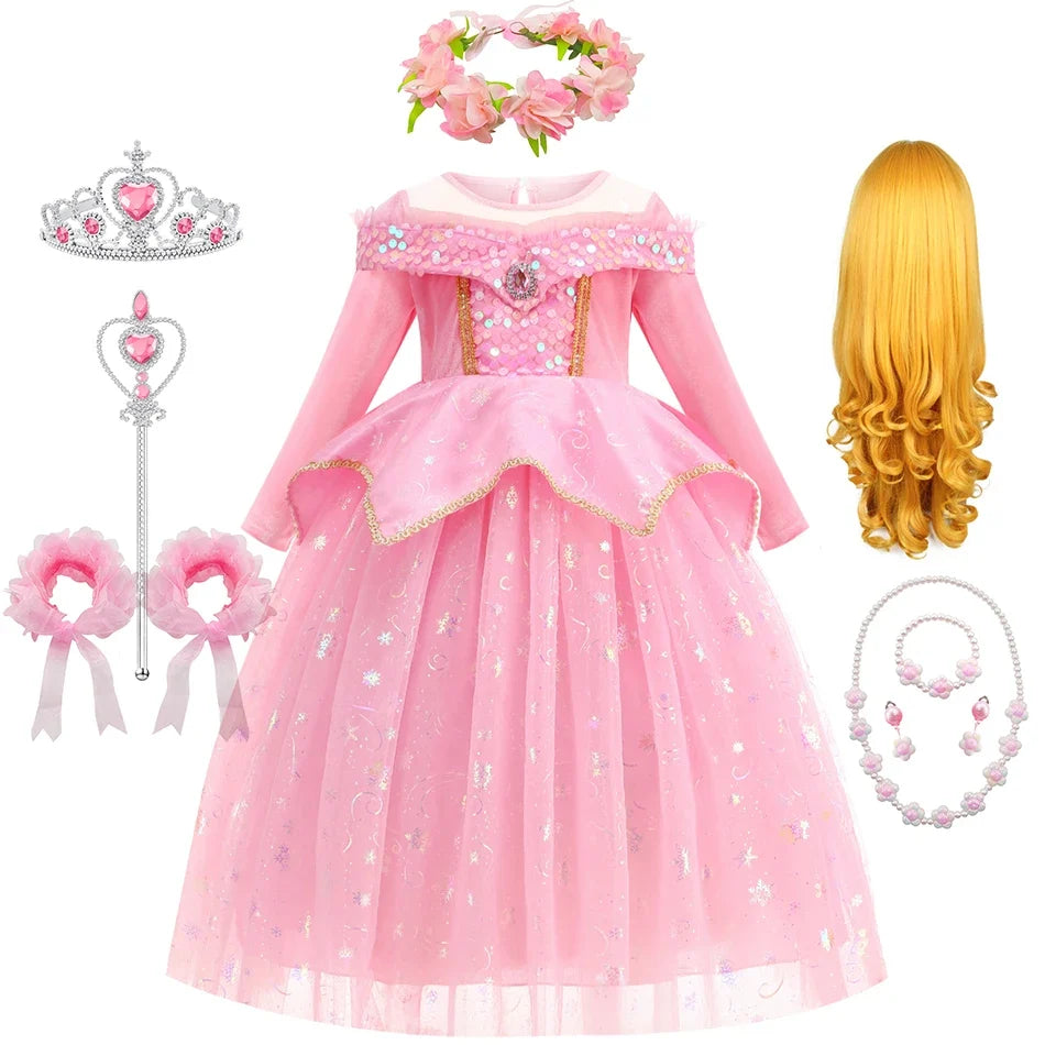 Sleeping Beauty Dress For Girls Pink Princess Costume Halloween Carnival Party Aurora Outfits Kids Birthday Surprise Gift