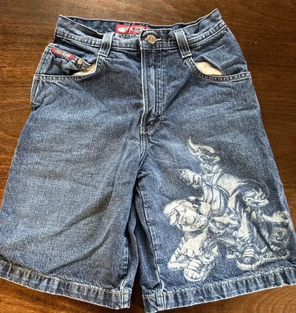 Men Dark Wash Denim Shorts Back Pocket Cherry Blossom Embroidered Loose Fit Knee Length Vintage Streetwear Casual Summer Wear