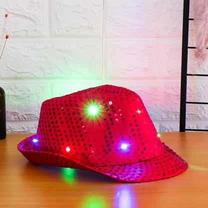 Unisex Light Up Flashing Led Fedora Trilby Jazz Hat Panama Cap Sequin