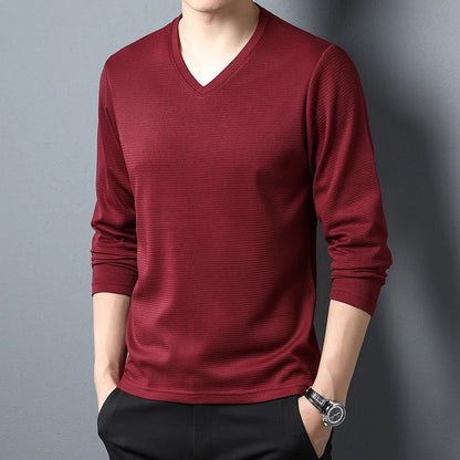Minimalist Men's V-neck Long Sleeve T-shirt Soft Knitted Fabric Comfortable Top for All Seasons