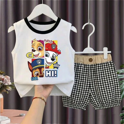 2026 Summer Children's Casual Outfits PAW Patrol Printed Boys Plaid Shorts Sets Kids Sleeveless Vest Bottom Two Piece New