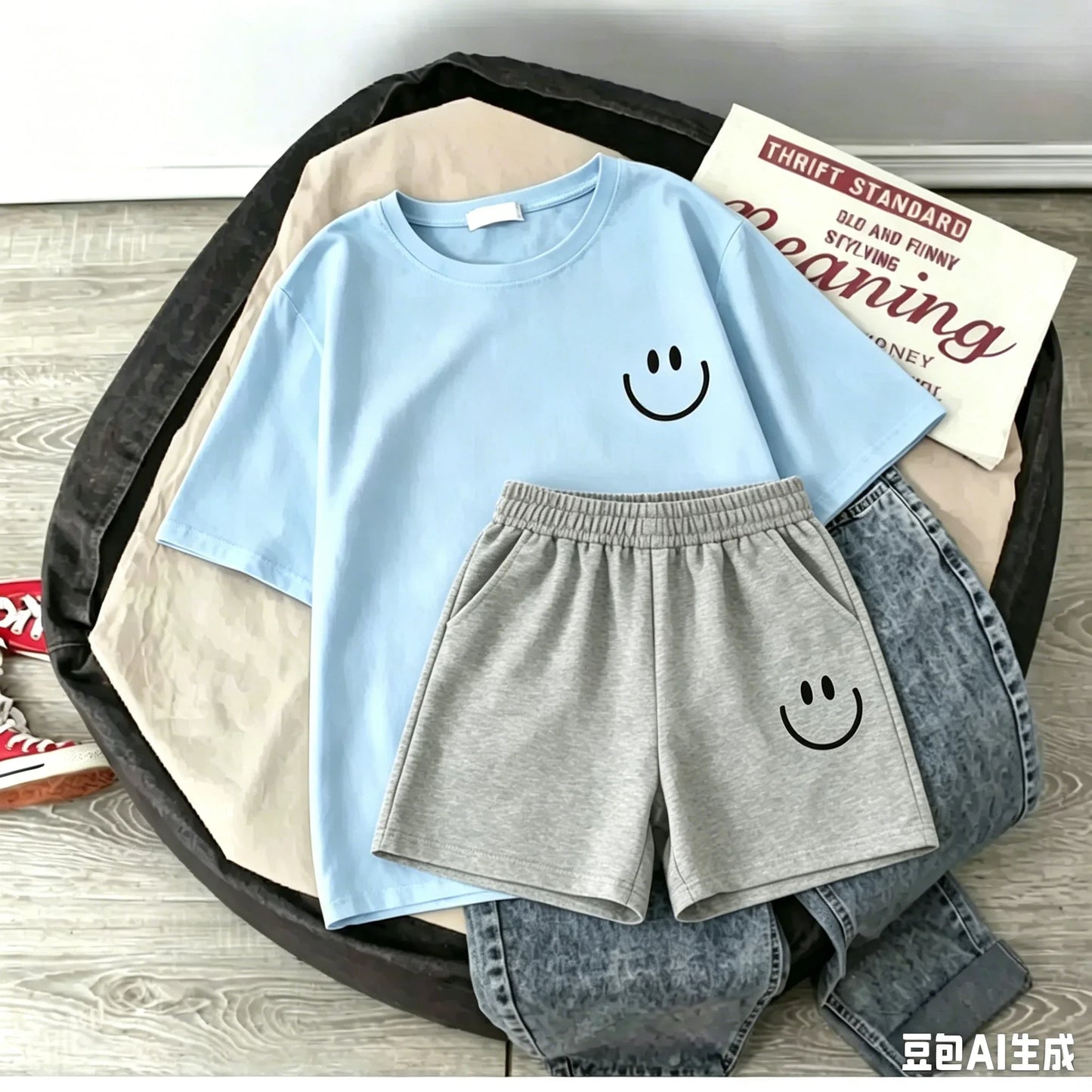 2026 New Summer Smiling Face Print Kids T-shirt Set Short-sleeved Pure Cotton Loose Basic Versatile Cool Simple Kids Outfit Tops