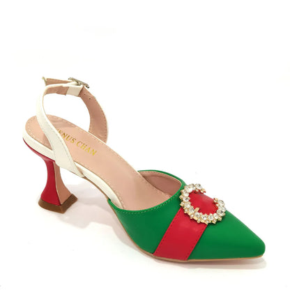 2022 Italian Design Leather Colorblock Pointed Toe High Heel Women's Sandals Fashion Everyday Matching Shoes and Bag Sets