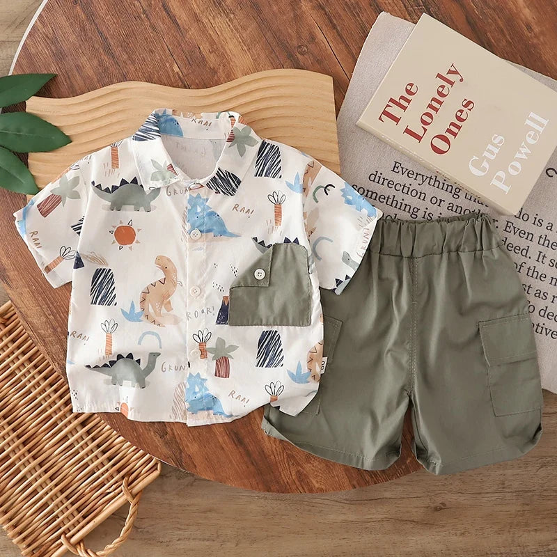 0-5 Years Old Baby Boys Summer Dinosaur Outfit, Short Sleeve Printed Shirt & Solid Cargo Shorts, 2Pcs Clothes Set