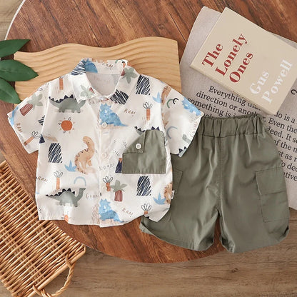 0-5 Years Old Baby Boys Summer Dinosaur Outfit, Short Sleeve Printed Shirt & Solid Cargo Shorts, 2Pcs Clothes Set
