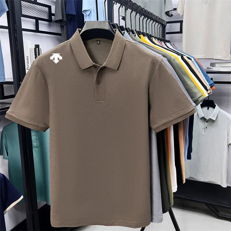 100% men's summer luxury brand polo shirt lapel geometric printing short sleeves t-shirt outdoor leisure men clothing tops
