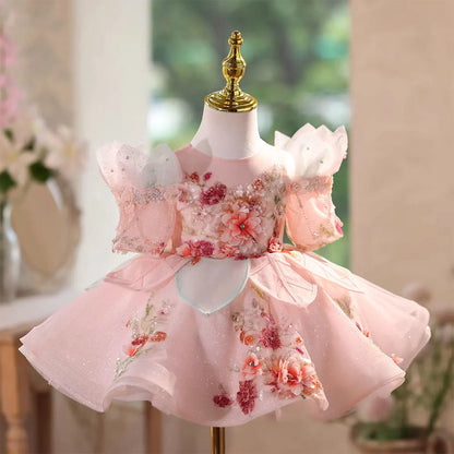 J566 Lovely Pink Flower Girl Dresses with Appliques Knee Length Lace Kids Wedding Birthday Party Pageant Ball Gown