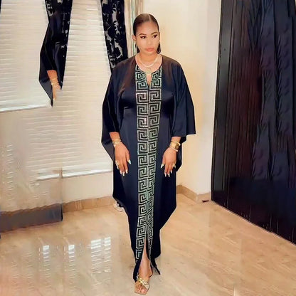 Fashion African Woman Large Size Bat Sleeve Dress Muslim Islamic Style Robe Imitation Silk Hot Fix Rhinestone