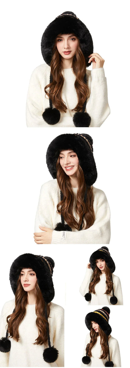 Three Pompoms Skullies Beanies Thick Warm Winter Hat Women Russian Fur Hat Ladies Knitted Hat Female Snow Ski Earflap Cap