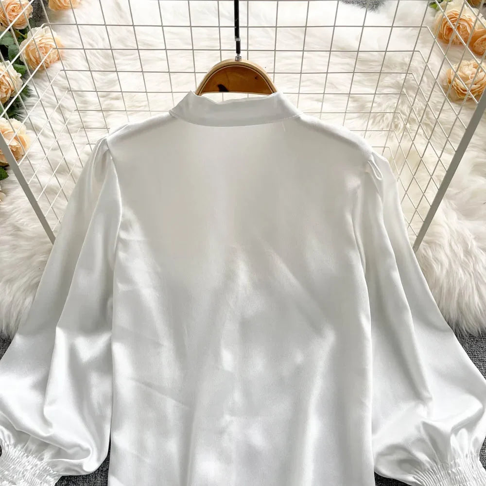 High Quality Satin Loose Shirt Long Flared Sleeves Ruffles O Neck Beading  Women Gentle Office Lady Casual Blouse