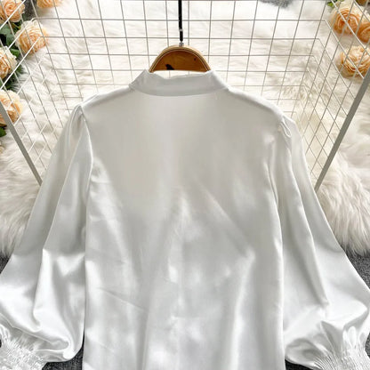 High Quality Satin Loose Shirt Long Flared Sleeves Ruffles O Neck Beading  Women Gentle Office Lady Casual Blouse