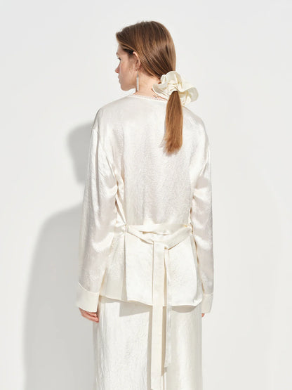 French-style Elegant V-neck Acetate Long-sleeved Shirts Women New Spring 2026 Design Satin Top Lace Bow