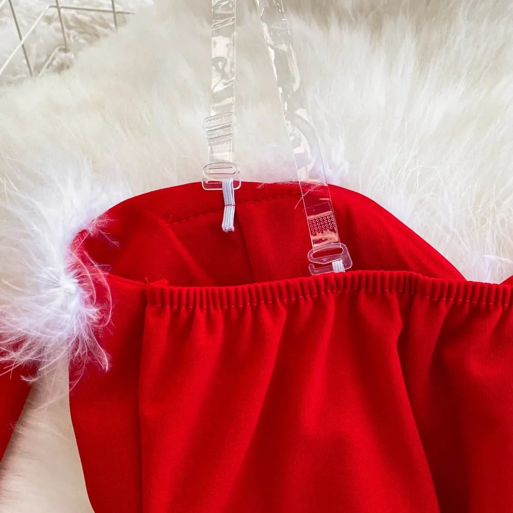 Women's Christmas Dress Sexy Low-cut Waist Thin Big Pendulum Fluffy Splicing Suspender Tube Ling Dress Red