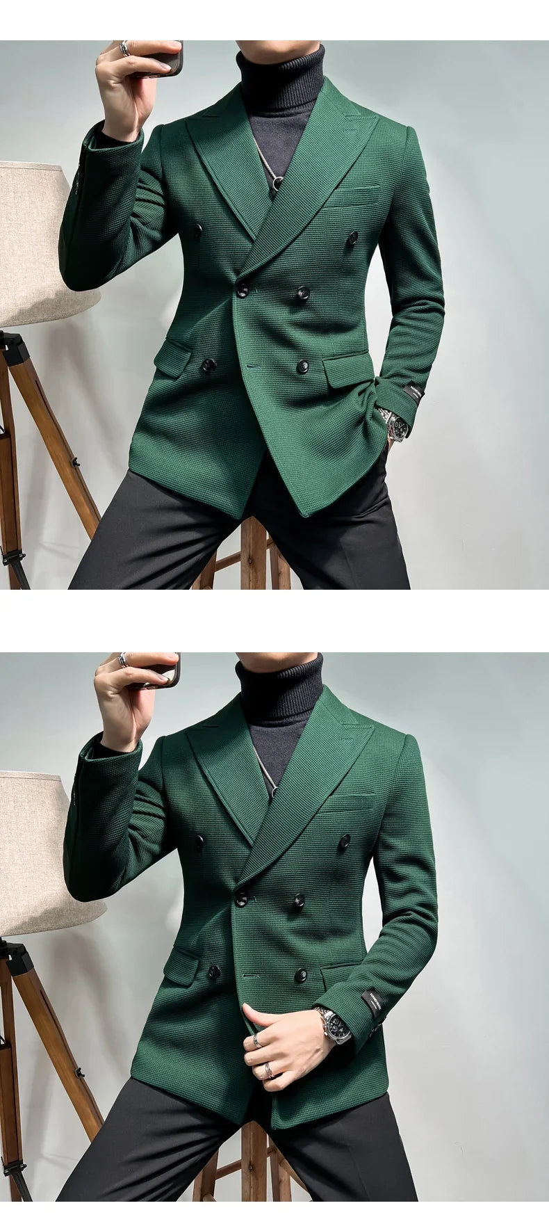 2025 Spring New Men's Waffle Double Breasted Suit Jacket High Quality Business Slim Fit Blazers Groom Social Party Dress Coats