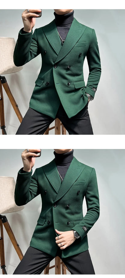 2025 Spring New Men's Waffle Double Breasted Suit Jacket High Quality Business Slim Fit Blazers Groom Social Party Dress Coats
