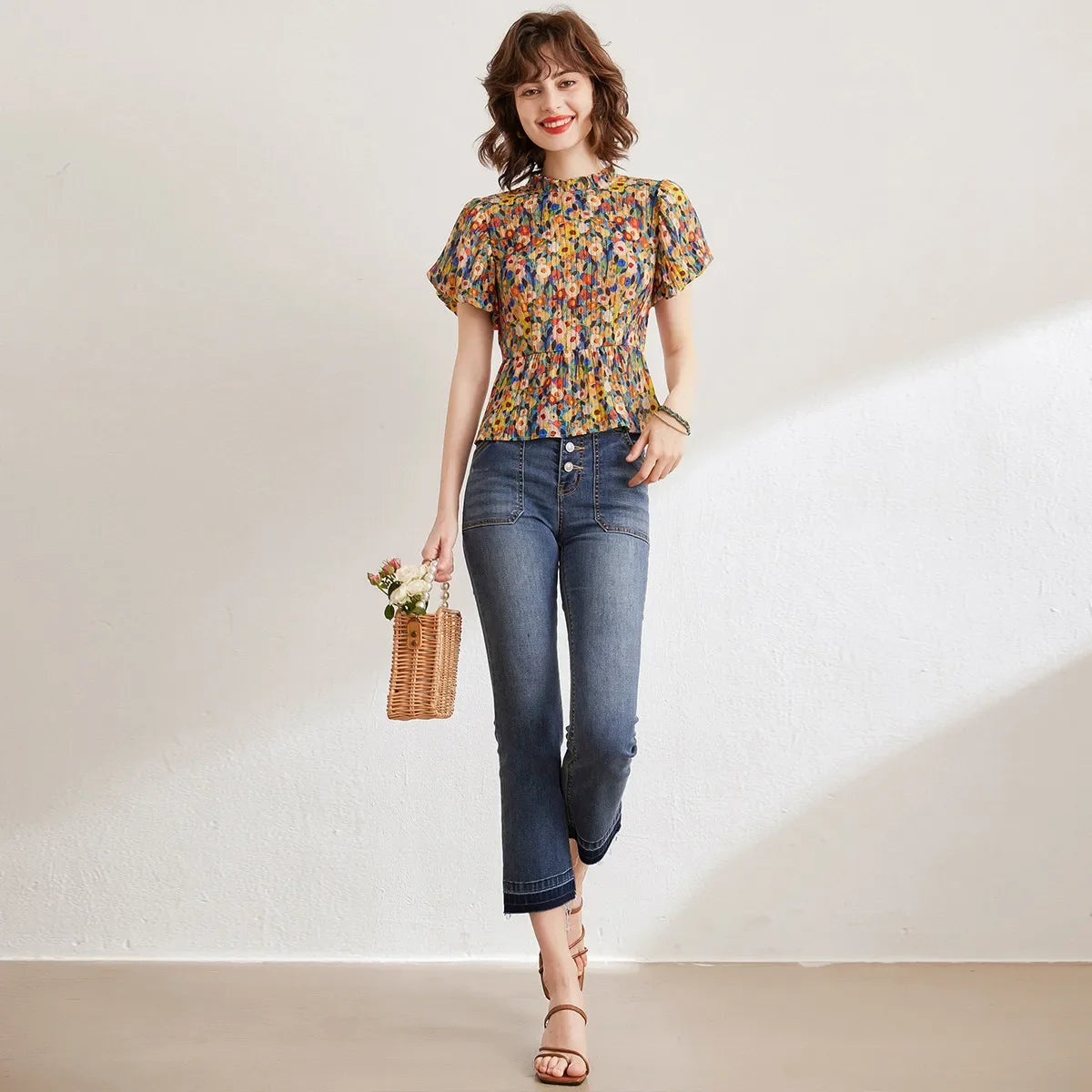 Floral Shirt 2026 Summer Women's Blouse French Style O Neck Short Sleeve Elegant Blouses Pullover Top