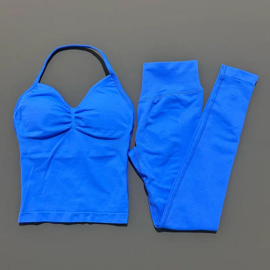 2Piece Sports Gym Set Women Longline Strappy Top Fitness Clothes Seamless Yoga Set Running Workout Sports Leggings Sets