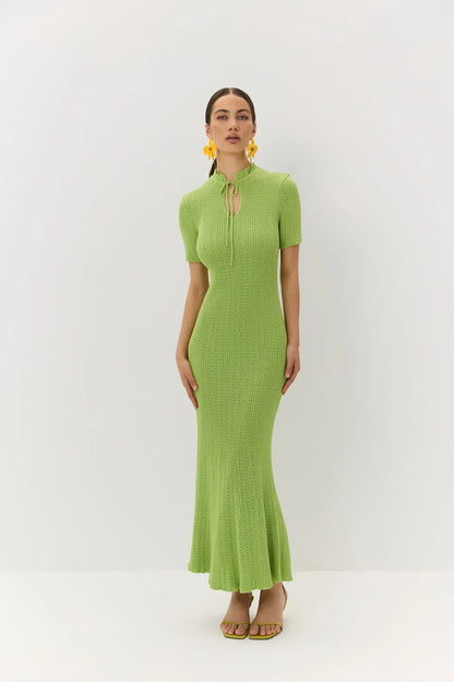 Retro Knitted Long Dress Female Short Sleeve Slim Hollow Retro Elegant Sweater Dress 2025 Summer High Waist Woman Dress