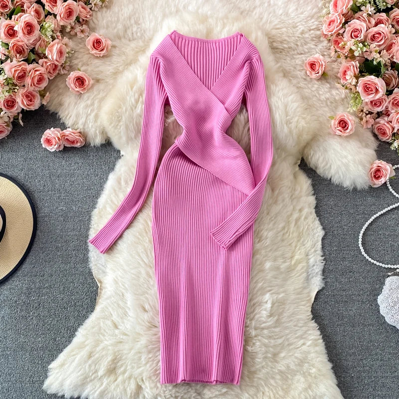 Autumn Winter 2025 Women Dress Elegant Cross V-neck Slim Waist Knitted Bodycon Dress Korean Office Lady Vestidos