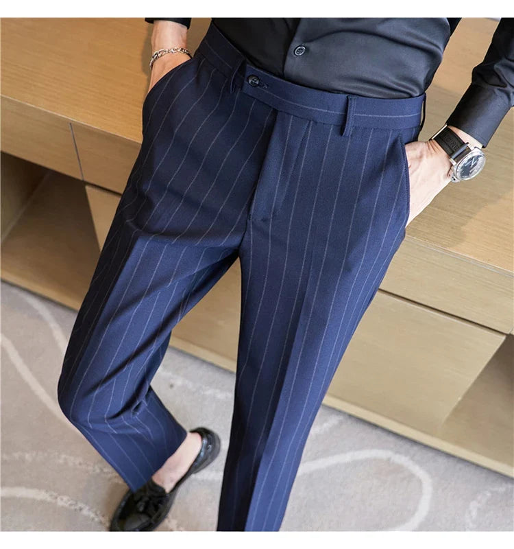 Autumn New Fashion Stripe Men's Suit Pants High Quality Straight Long Classic Business Elegant Slim Fit Casual Trousers 38-29