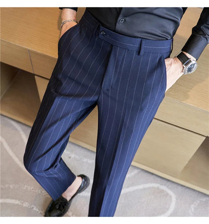 Autumn New Fashion Stripe Men's Suit Pants High Quality Straight Long Classic Business Elegant Slim Fit Casual Trousers 38-29