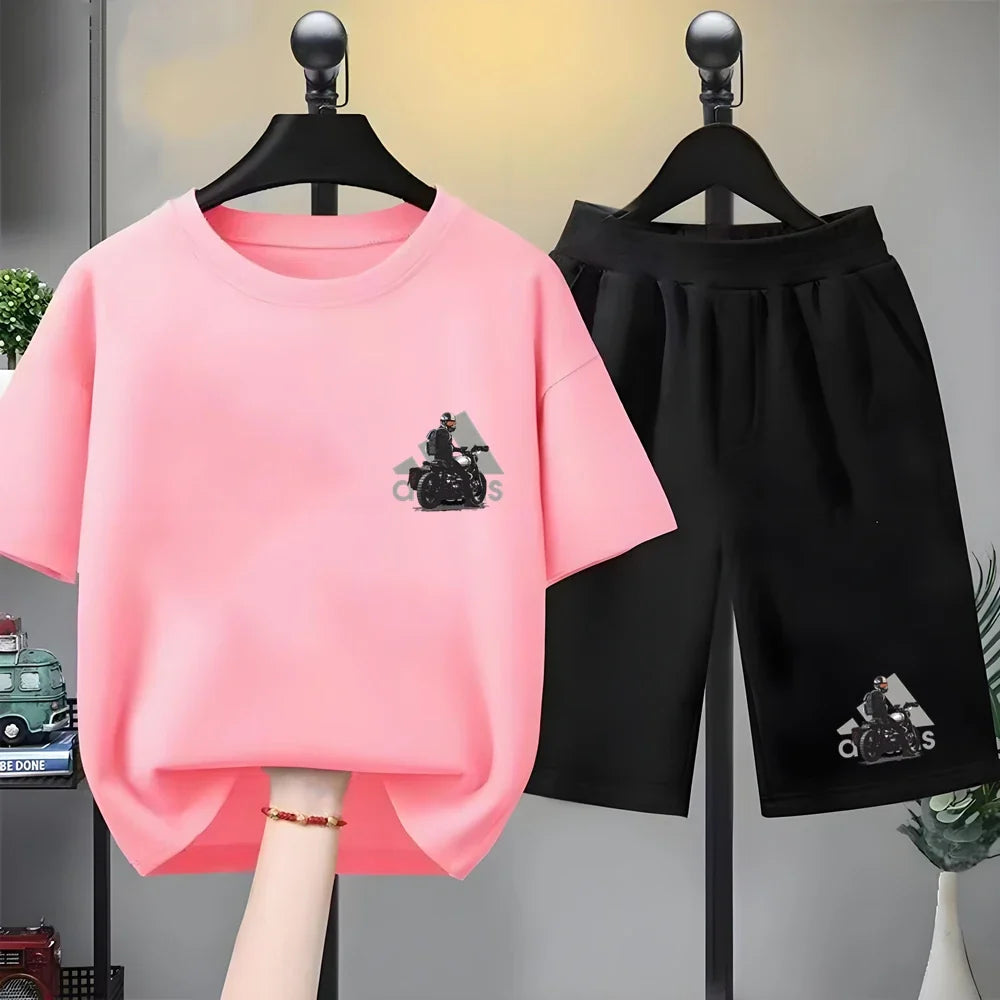 Kids black Summer Leisure Short Sleeve T-shirts+shorts Suits 3-12 Years Boys Girls Casual Outfits Children 2pcs Brand Clothes