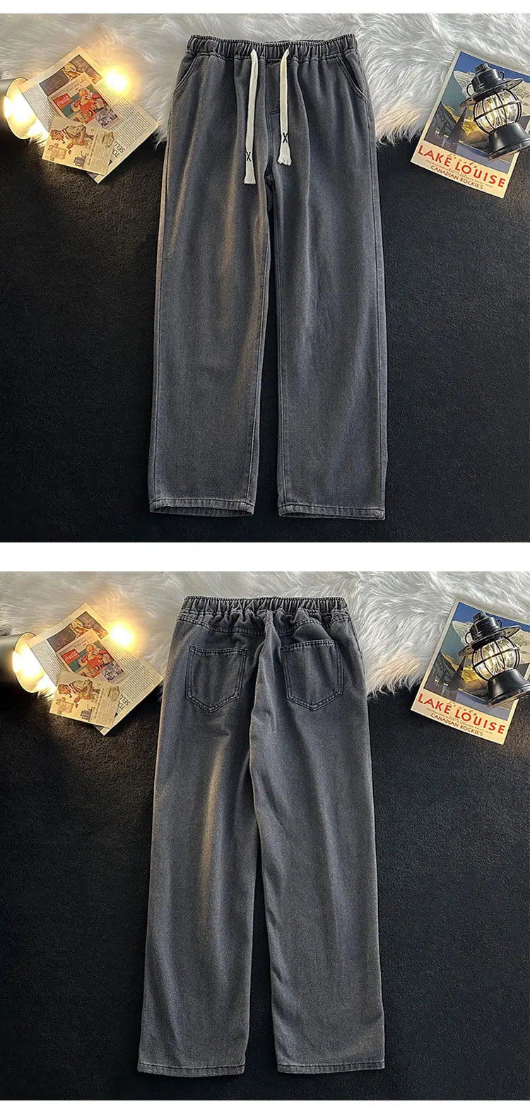 Casual Loose Straight Leg Men's Jeans Drawstring Elastic Waist Wide Leg Long Trousers High Street Fashion Denim Pants