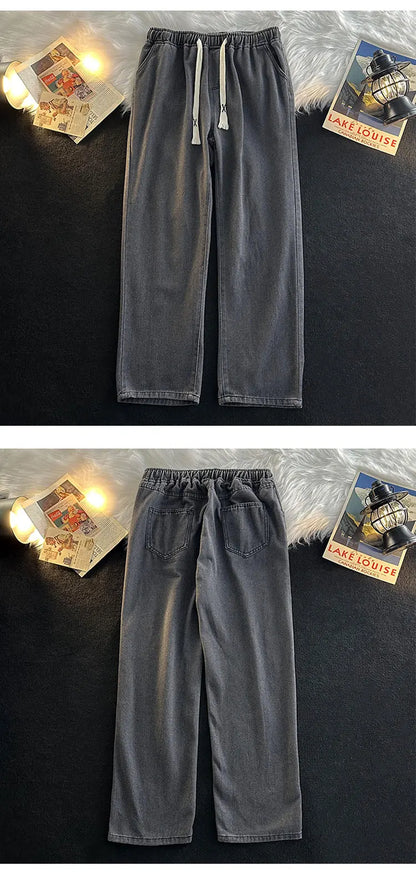 Casual Loose Straight Leg Men's Jeans Drawstring Elastic Waist Wide Leg Long Trousers High Street Fashion Denim Pants