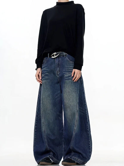 Vintage Black Washed Baggy Jeans Pants Men Wide Leg Curved Blade Pants Streetwear Cowboy Casual Denim Straight Trousers