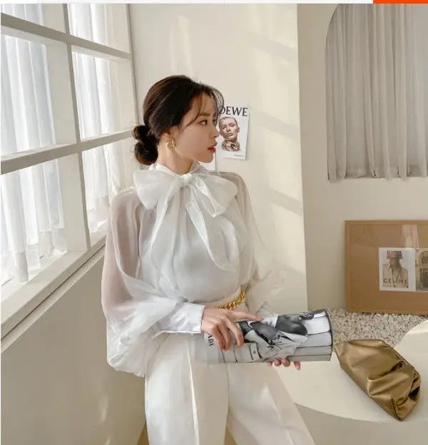 Spring Autumn Women Fashion Tops New Shirts Lantern Sleeve Stand Collar Solid Casual Vintage Elegant Temperament Long-Sleeved