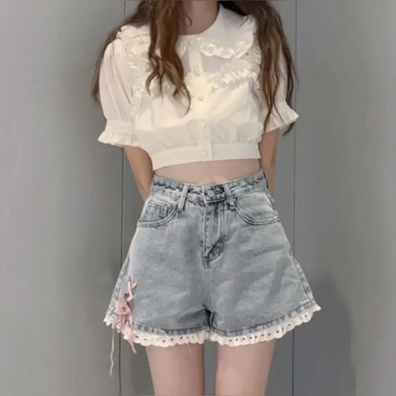 Aesthetic Design Short Jean Pants Woman Wide Lace Denim Shorts for Women Korean Style Hot Summer Low Price XL Outfits Wholesale