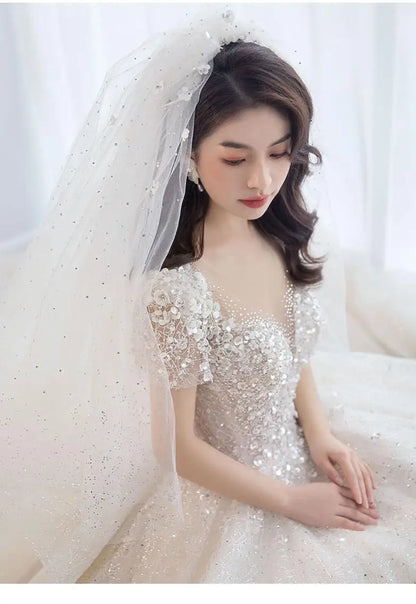 Luxury Short Sleeve Wedding Dress 2026 New Bridal Dress V Neck Beading Shinning Ball Gown Sweep Train Vestido  Noiva Customized