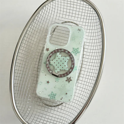 Fashion Mint Green Polka Dot Star Magnetic Stand Phone Case For iPhone 17 16 Pro 15 14 Pro Max Cover For Magsafe Cases Cute Capa