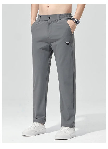 Korean Street Summer Y2K Men's Ice Silk Casual Pants All Match Elastic Sweatpants Office Business Fashion Straight Suit Trousers