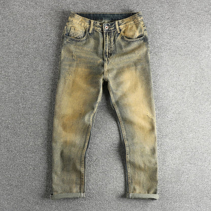 Do old wash retro American trend jeans men's catwhiskers embroidery craft comfortable straight leg casual pants