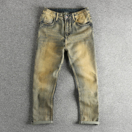 Do old wash retro American trend jeans men's catwhiskers embroidery craft comfortable straight leg casual pants