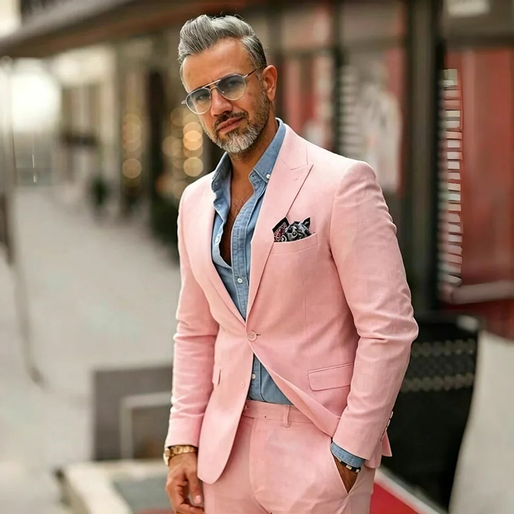 White Linen Prom Men Suits 2 Pieces Summer Suits for Men Slim Fit Groom Wedding Tuxedo Blazer Trousers Set mens suits suit men