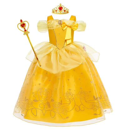 Kids Cosplay Disney Beauty and The Beast Belle Princess Dress Girls Party Costume Children Fancy Birthday Party Flower Disguise